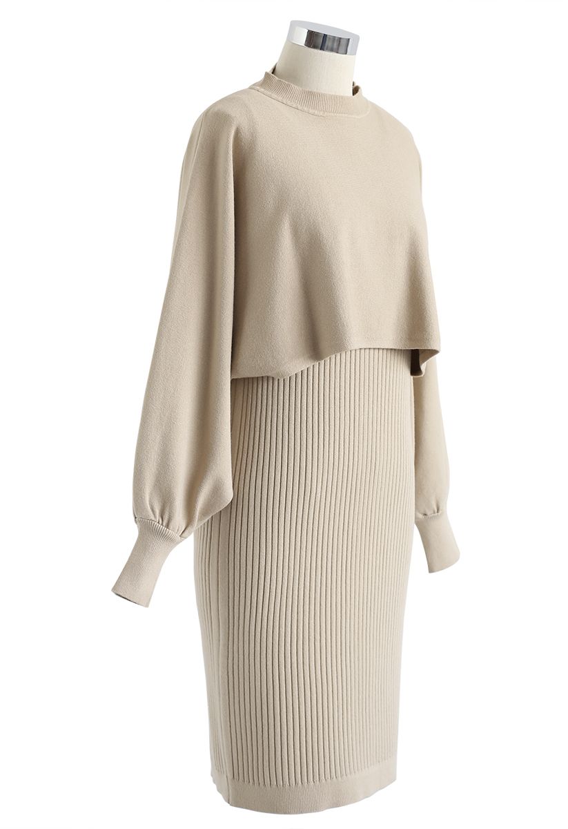 Batwing Sleeves Ribbed Knit Twinset Dress in Light Tan