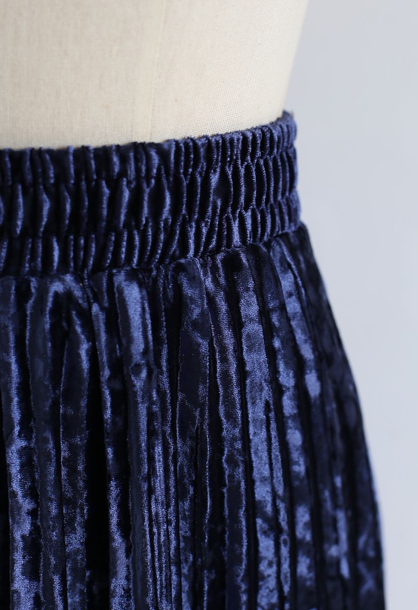 Shiny Velvet Pleated Midi Skirt in Smoky Blue