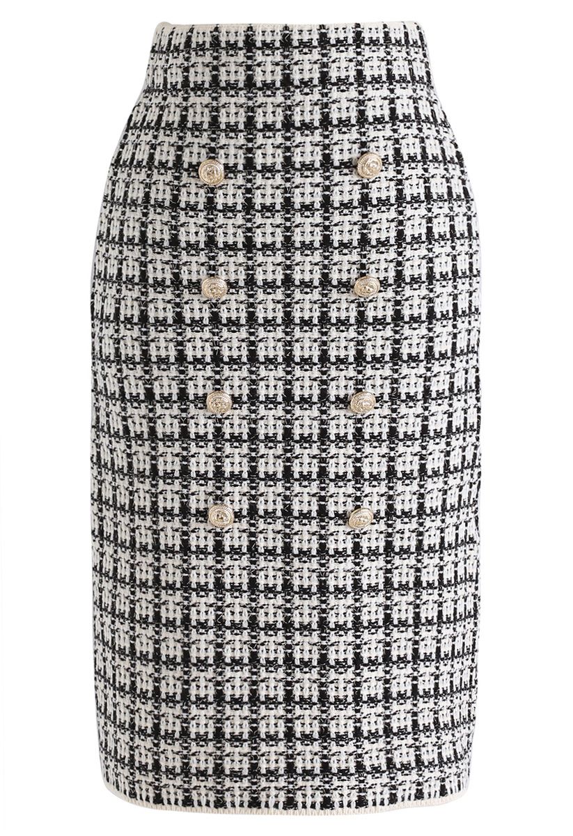 Buttons Decorated Grid Pencil Midi Skirt in Black - Retro, Indie and ...