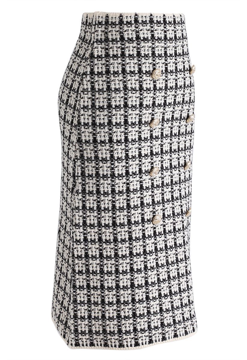 Buttons Decorated Grid Pencil Midi Skirt in Black - Retro, Indie and ...