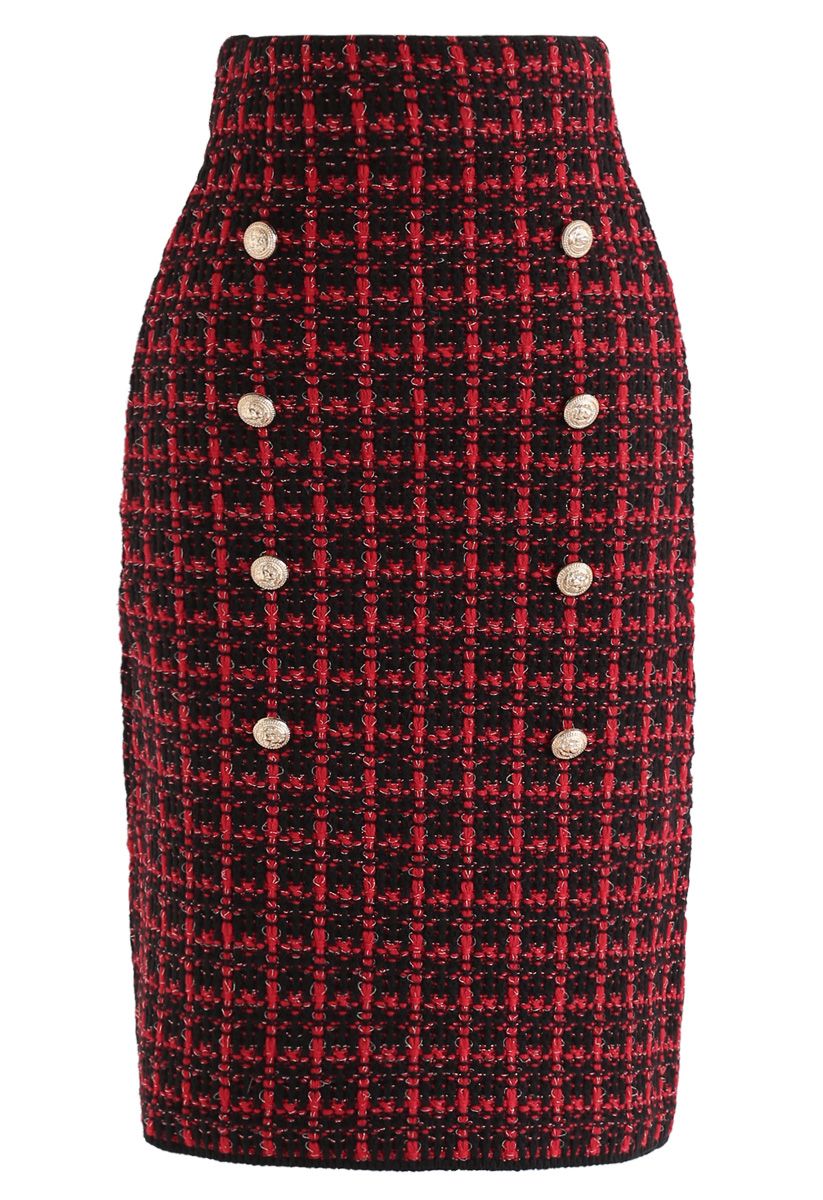 Buttons Decorated Grid Pencil Midi Skirt in Red - Retro, Indie and ...
