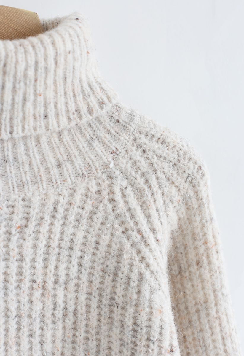 Turtleneck Hi-Lo Hem Knit Sweater in Ivory
