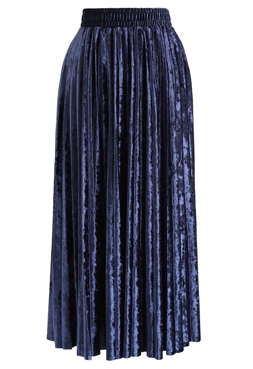 Shiny Velvet Pleated Midi Skirt in Smoky Blue
