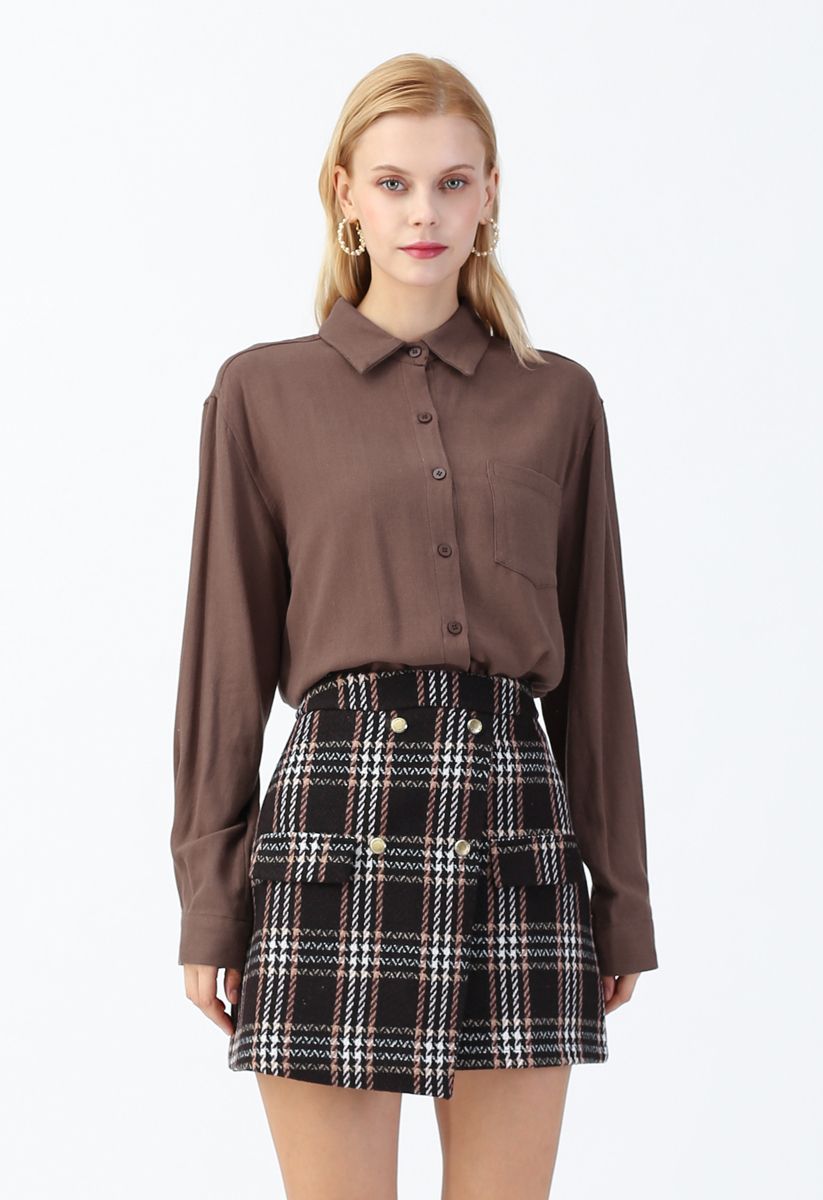 Pocket Button Down Sleeves Shirt in Brown - Retro, Indie and Unique Fashion