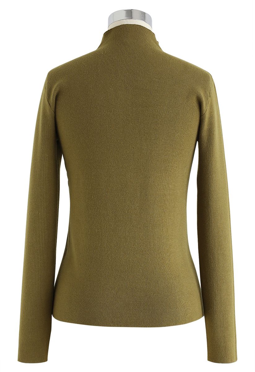 Buttoned Mock Neck Fitted Knit Top in Moss Green - Retro, Indie and ...