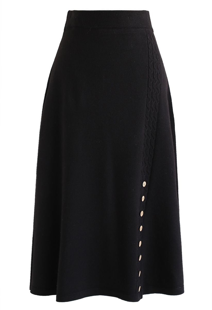 Braid Button Trim A-Line Knit Skirt in Black - Retro, Indie and Unique ...