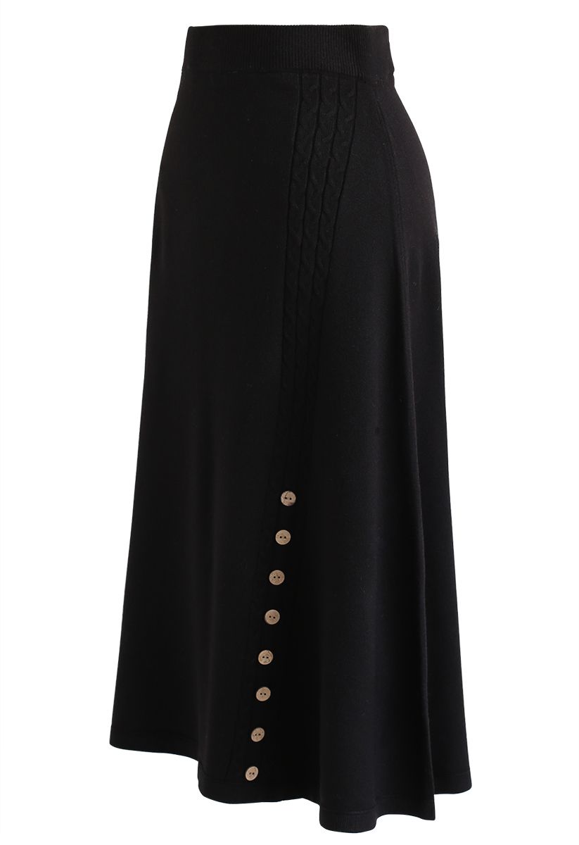 Braid Button Trim A-Line Knit Skirt in Black - Retro, Indie and Unique ...