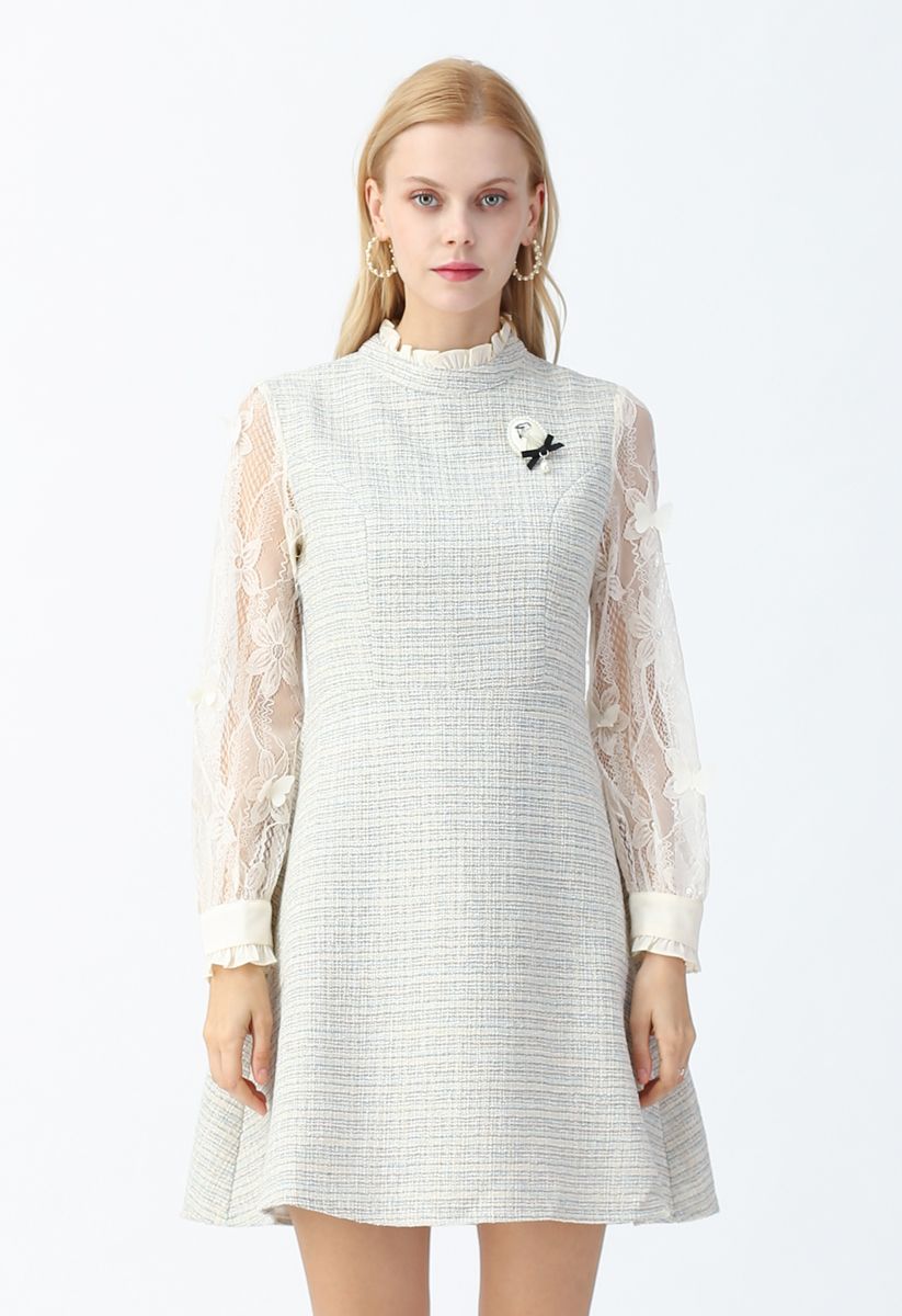 3D Butterfly Trim Lacy Sleeves Tweed Dress