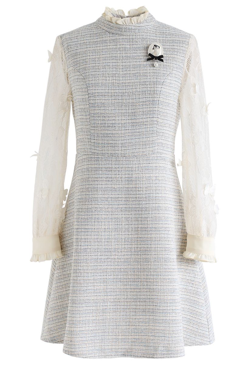 3D Butterfly Trim Lacy Sleeves Tweed Dress