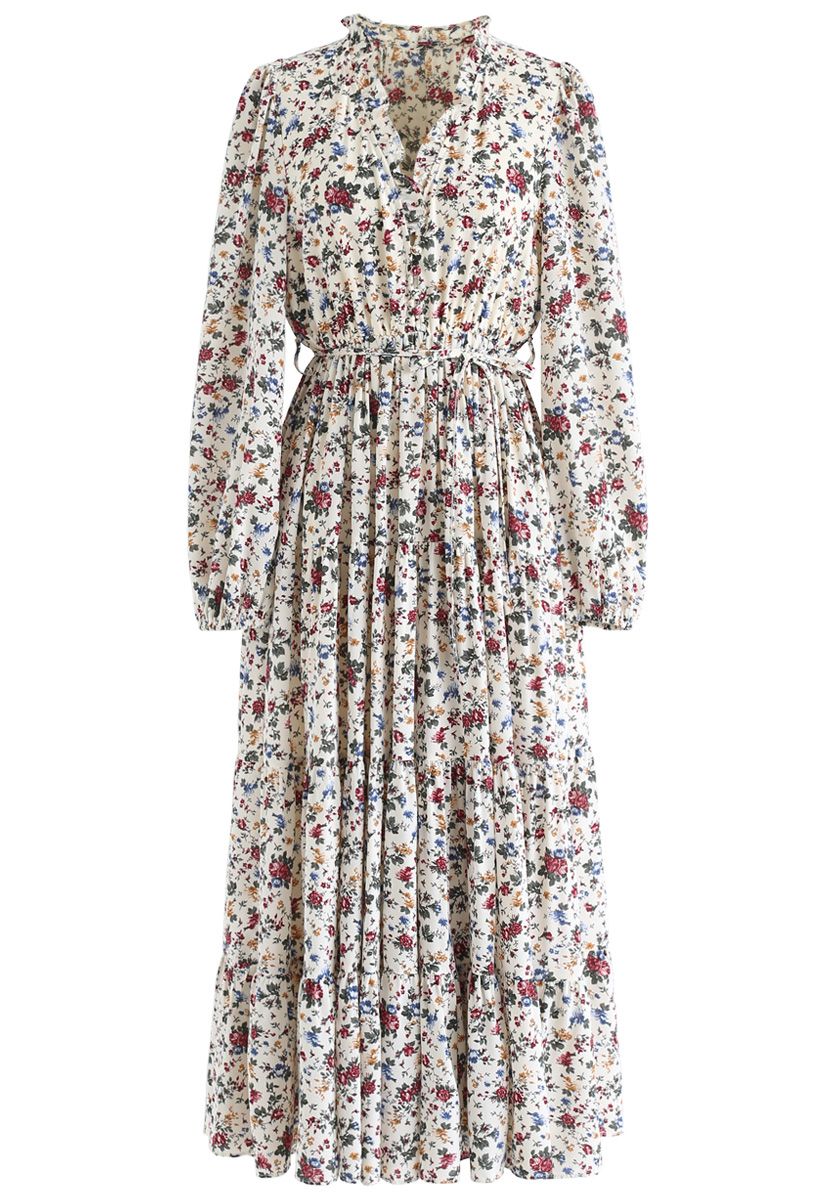 Floret V-Neck Buttoned Chiffon Dress in Ivory - Retro, Indie and Unique ...