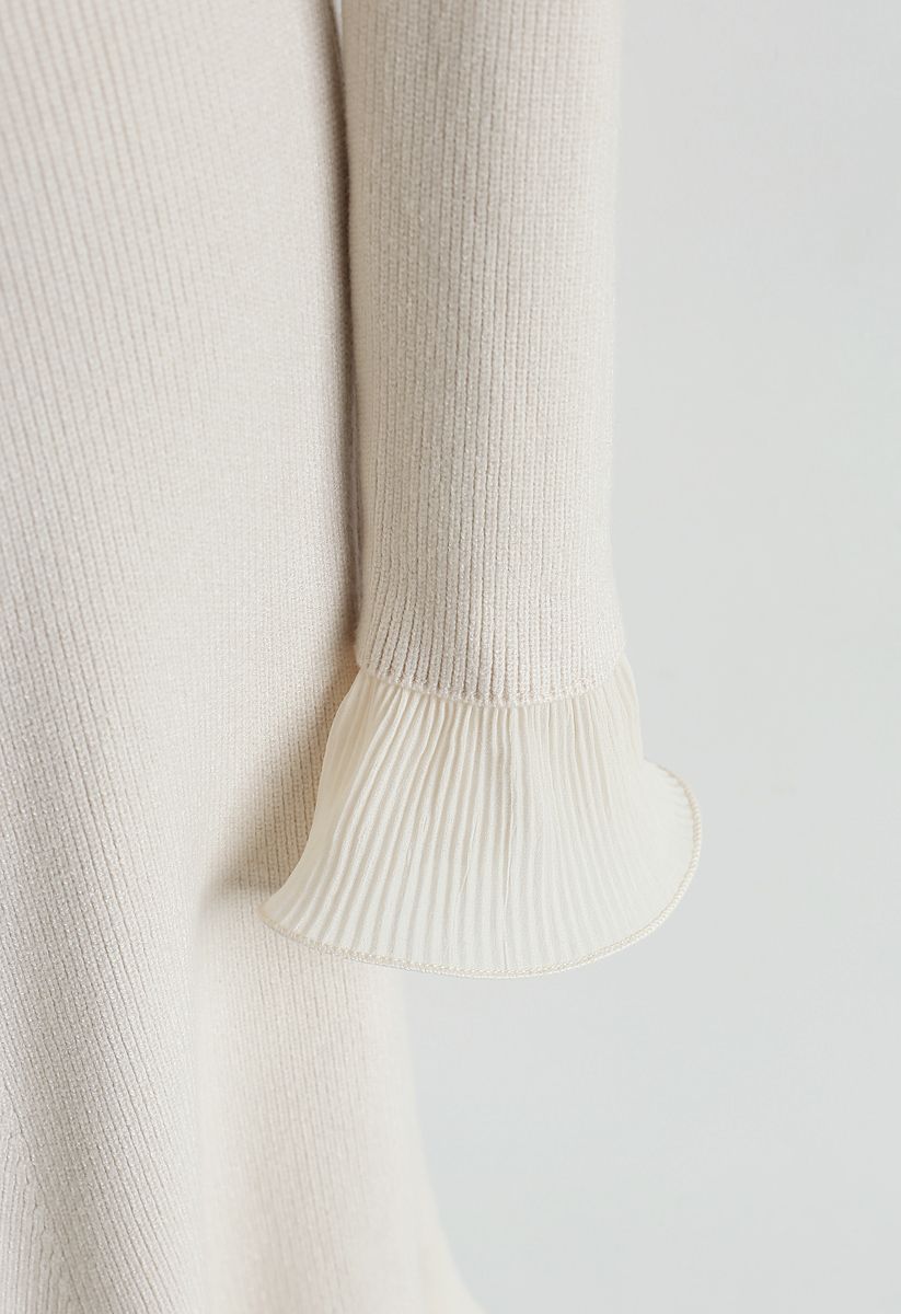 Bell Cuffs Mock Neck Knit Midi Dress in Cream