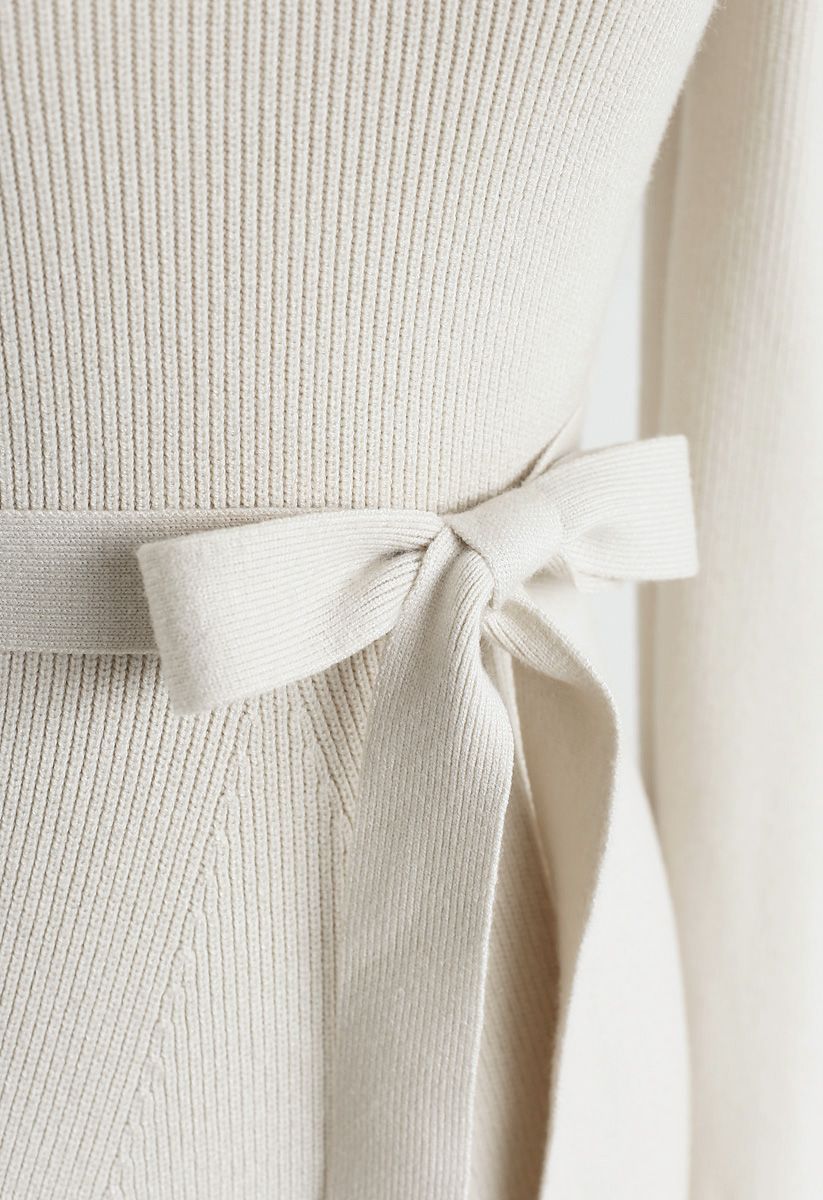 Bell Cuffs Mock Neck Knit Midi Dress in Cream