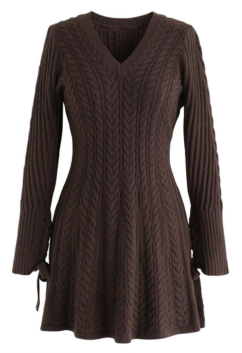 Lace Up Cable Knit Skater Dress in Brown