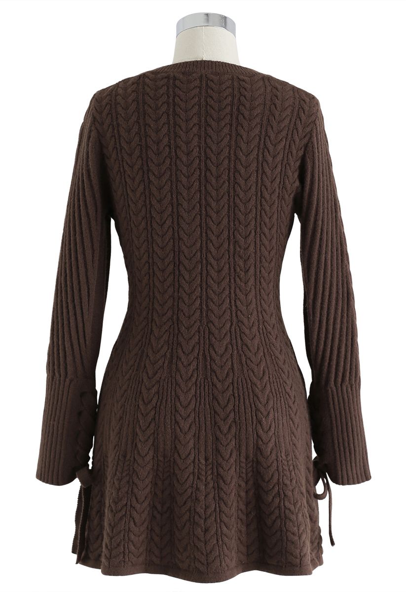 Lace Up Cable Knit Skater Dress in Brown