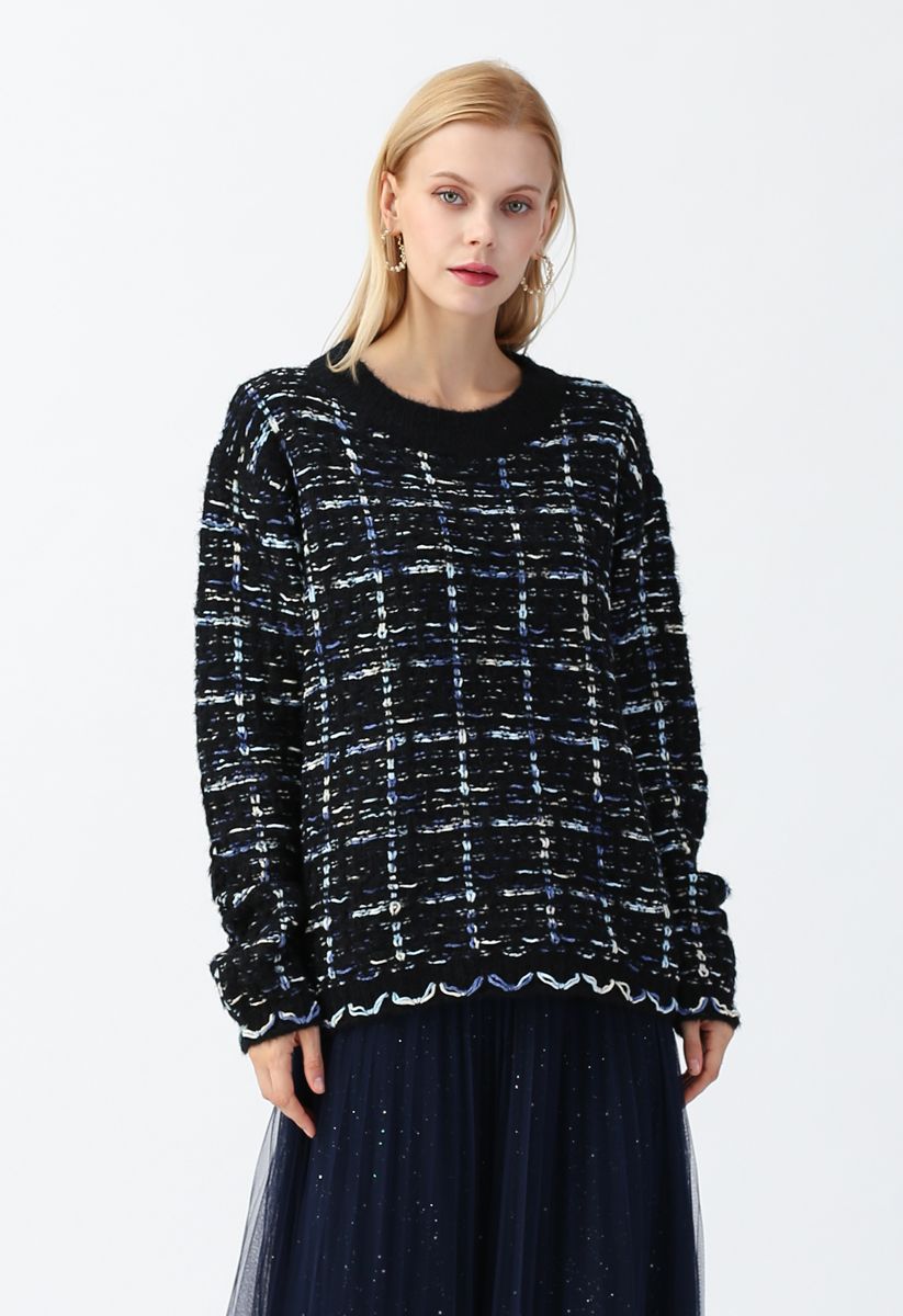 Plaid Loose Fuzzy Knit Sweater in Black