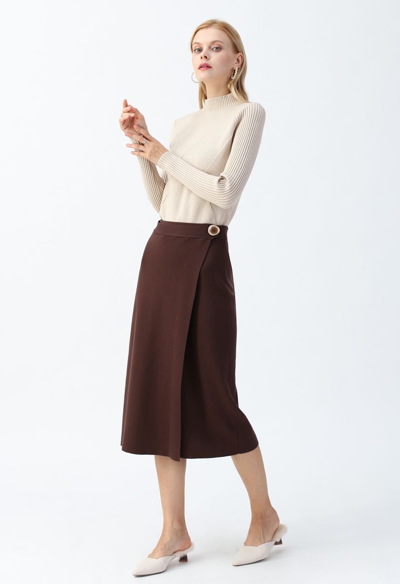 Button Decorated Flap Pencil Knit Skirt in Brown