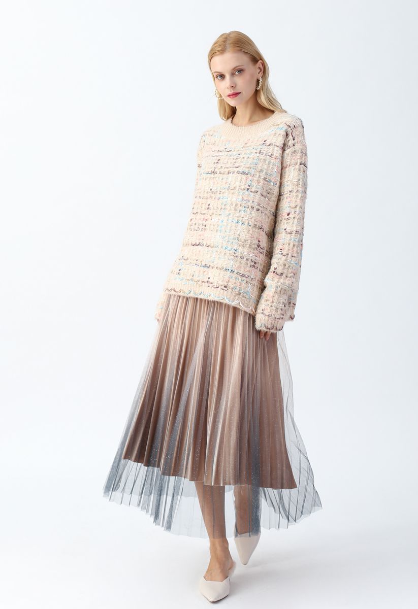 Shimmer Gradient Mesh Tulle Pleated Skirt in Tan - Retro, Indie and ...