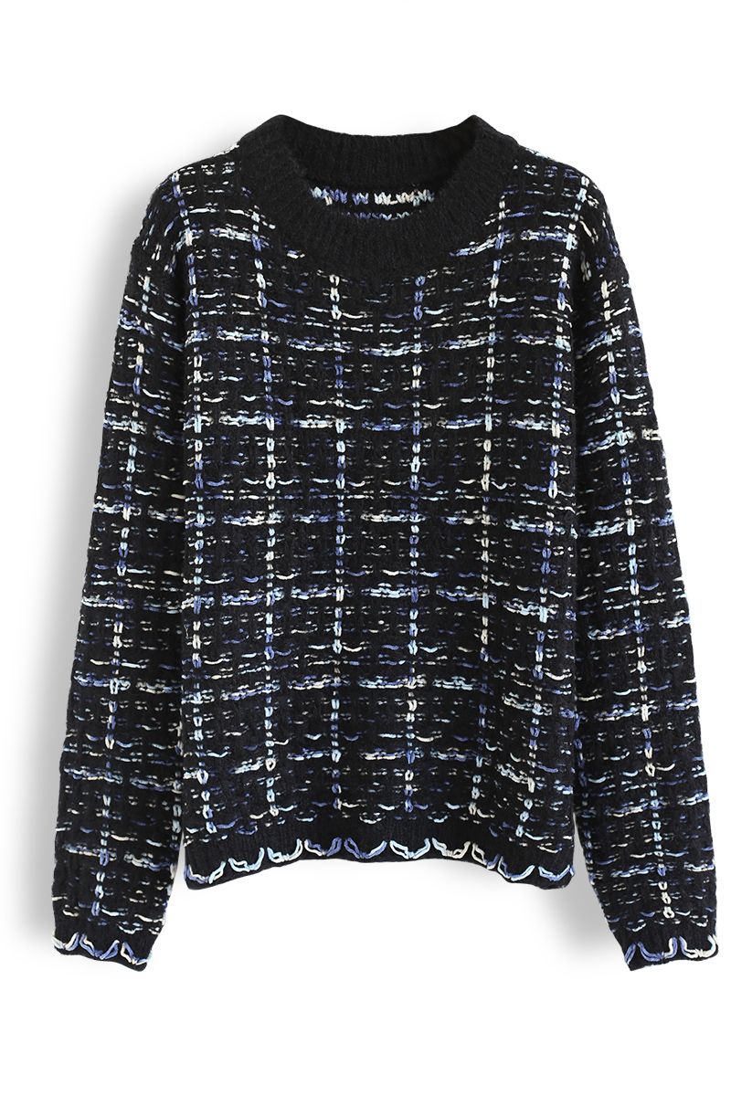 Plaid Loose Fuzzy Knit Sweater in Black