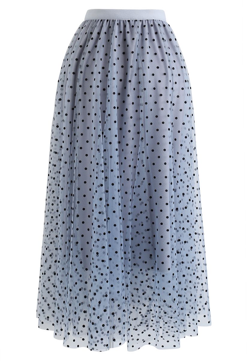 Full Polka Dots Double-Layered Mesh Tulle Skirt in Baby Blue