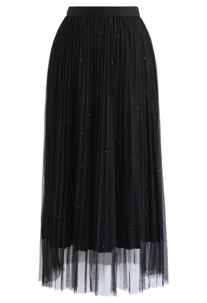 Shimmer Lining Mesh Tulle Pleated Skirt in Black - Retro, Indie and ...