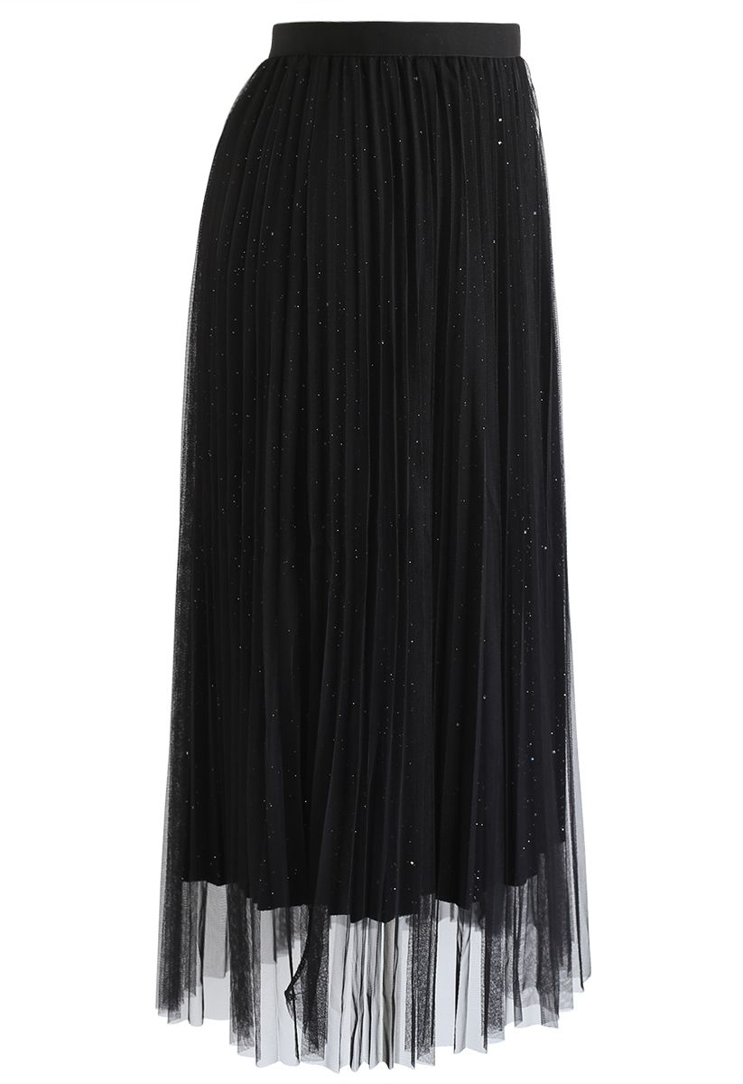 Shimmer Lining Mesh Tulle Pleated Skirt in Black - Retro, Indie and ...