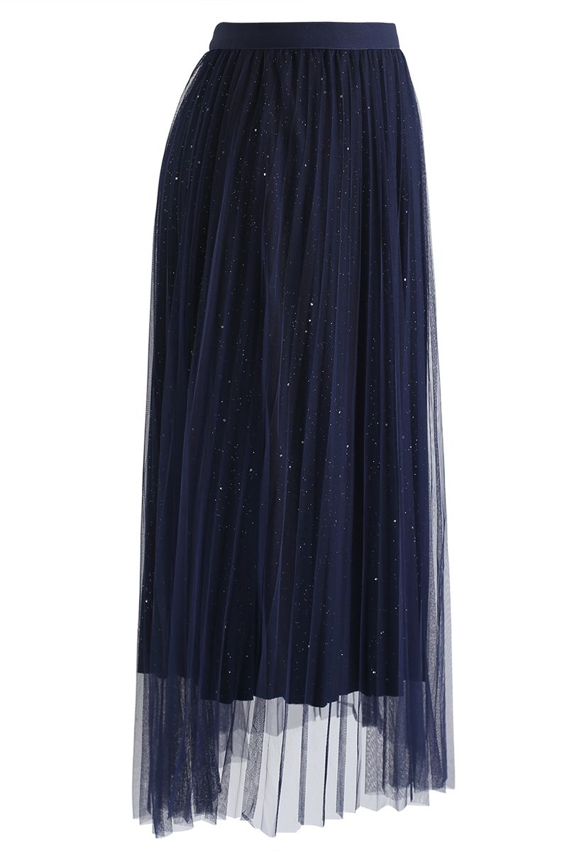 Shimmer Lining Mesh Tulle Pleated Skirt in Navy - Retro, Indie and ...