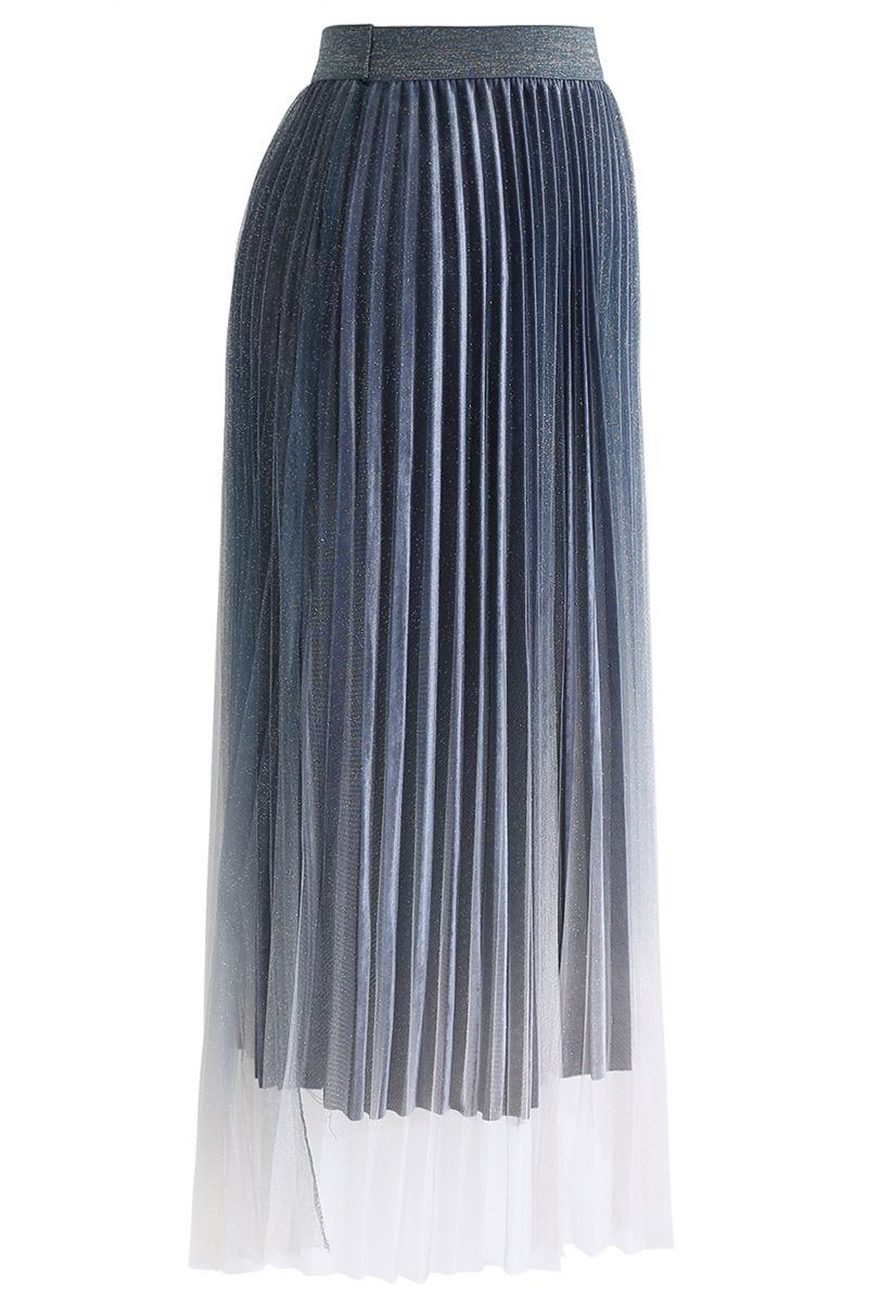 Shimmer Gradient Mesh Tulle Pleated Skirt in Blue