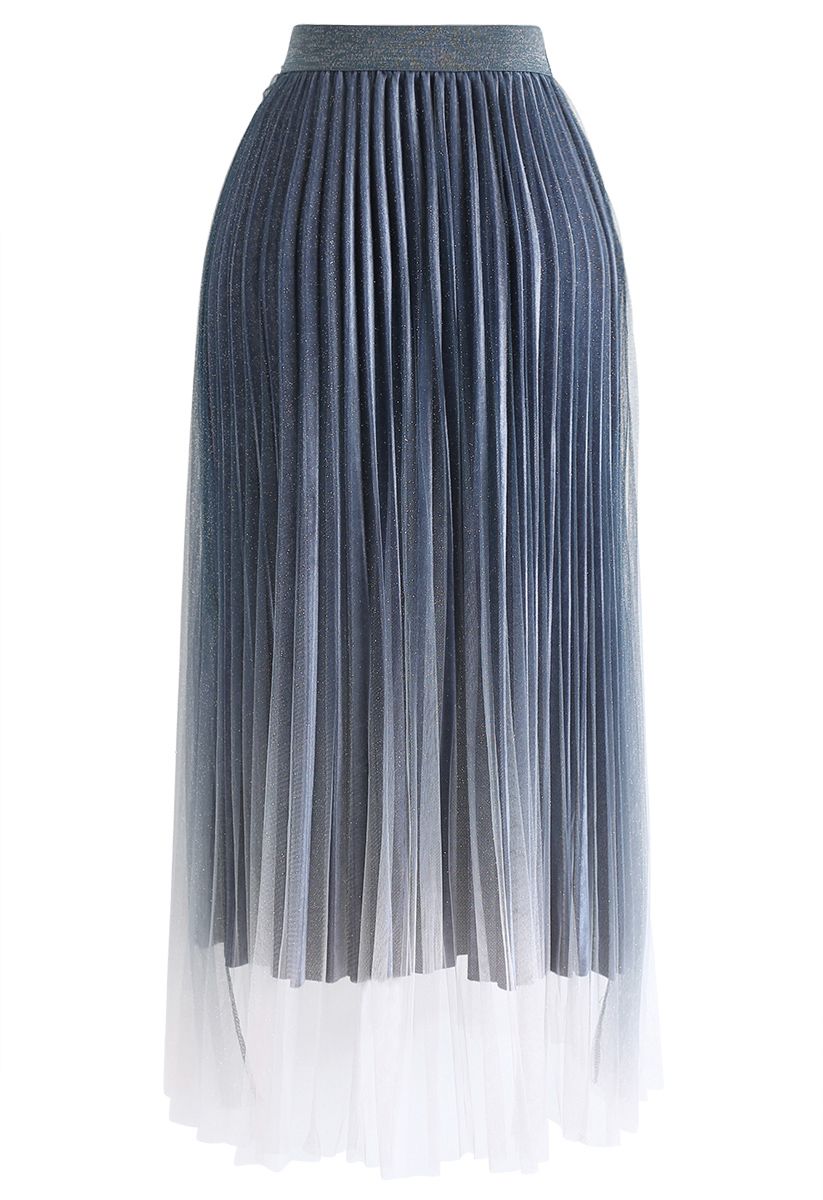 Shimmer Gradient Mesh Tulle Pleated Skirt in Blue