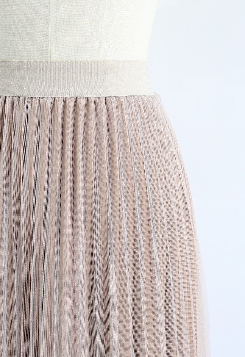 Shimmer Gradient Mesh Tulle Pleated Skirt in Tan