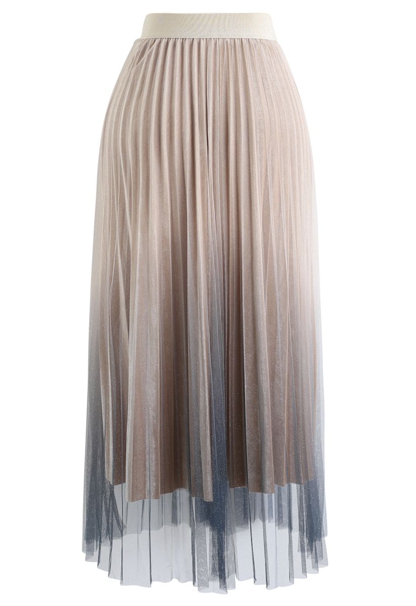 Shimmer Gradient Mesh Tulle Pleated Skirt in Tan