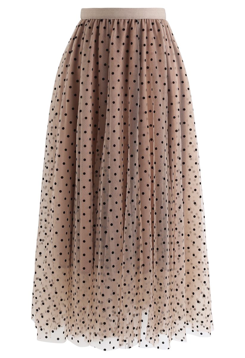 Full Polka Dots Double-Layered Mesh Tulle Skirt in Caramel