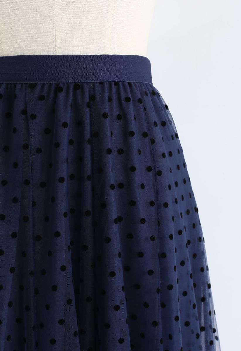 Full Polka Dots Double-Layered Mesh Tulle Skirt in Navy