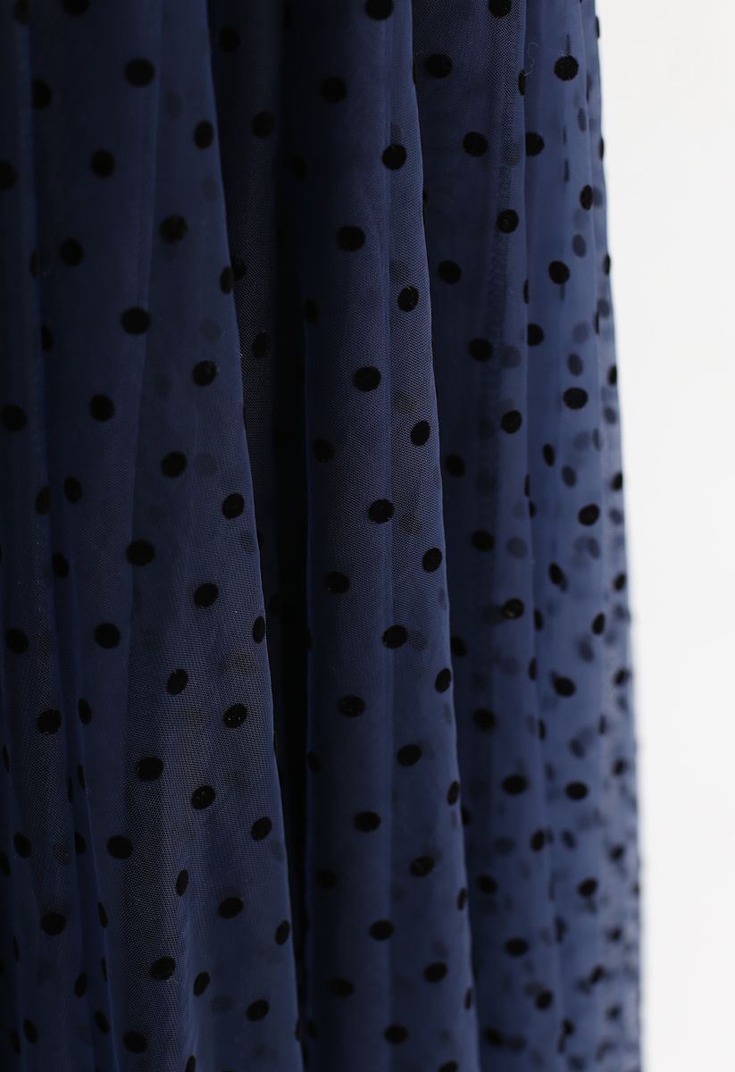 Full Polka Dots Double-Layered Mesh Tulle Skirt in Navy
