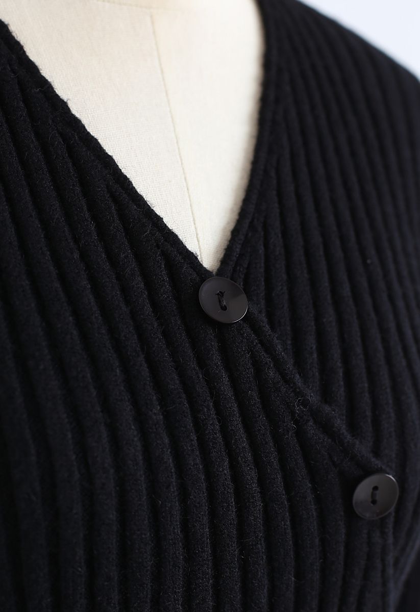 Asymmetric Slant Button Down Knit Top in Black