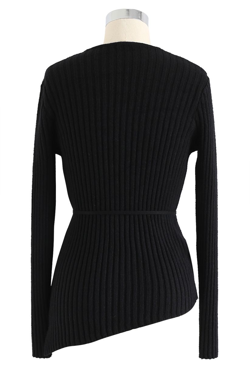 Asymmetric Slant Button Down Knit Top in Black - Retro, Indie and ...