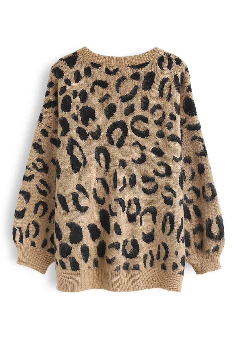 Round Neck Leopard Print Loose Knit Sweater - Retro, Indie and Unique ...