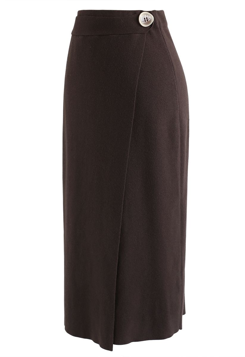 Button Decorated Flap Pencil Knit Skirt in Brown