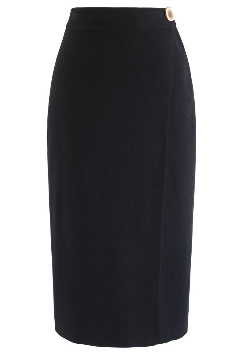 Button Decorated Flap Pencil Knit Skirt in Black - Retro, Indie and ...