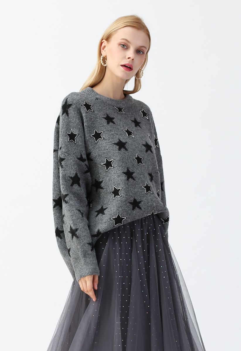 Stars Round Neck Loose Knit Sweater