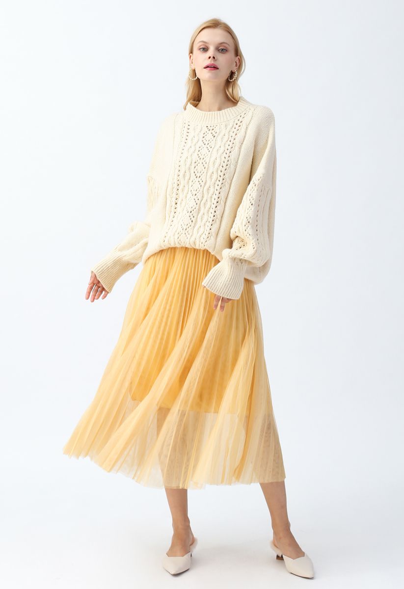 Double-Layered Mesh Tulle Pleated Skirt in Yellow - Retro, Indie and ...