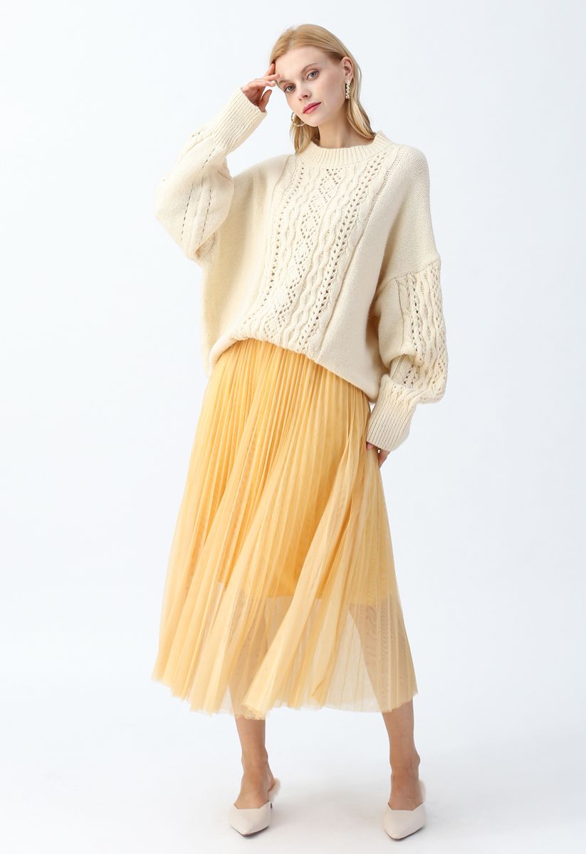 Double-Layered Mesh Tulle Pleated Skirt in Yellow