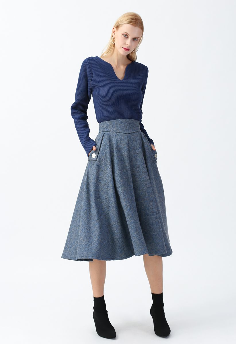 Classic Simplicity A-Line Midi Skirt in Dusty Blue