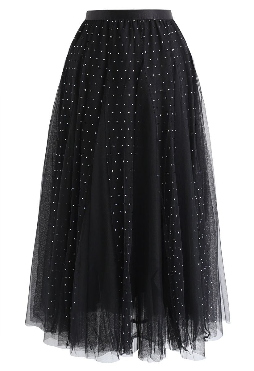 Sequined Double-Layered Mesh Tulle Midi Skirt in Black - Retro, Indie ...
