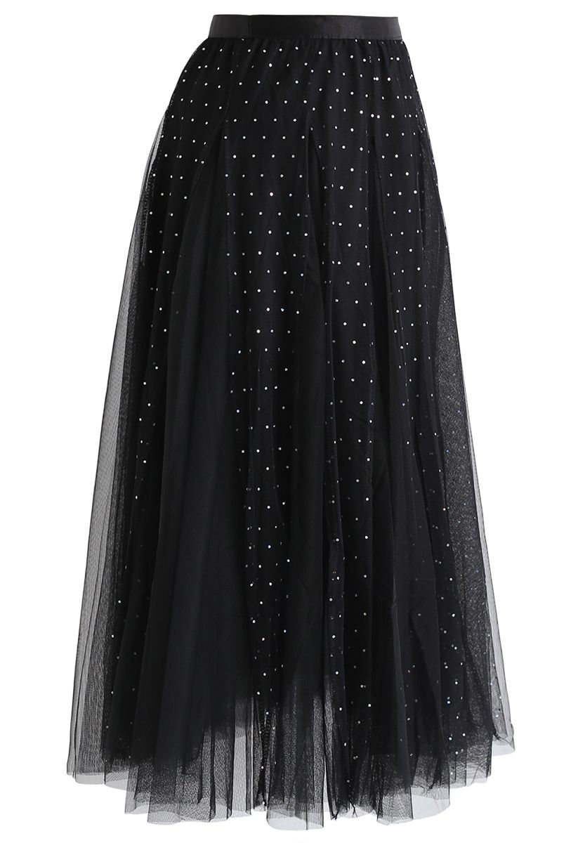 Sequined Double-Layered Mesh Tulle Midi Skirt in Black - Retro, Indie ...