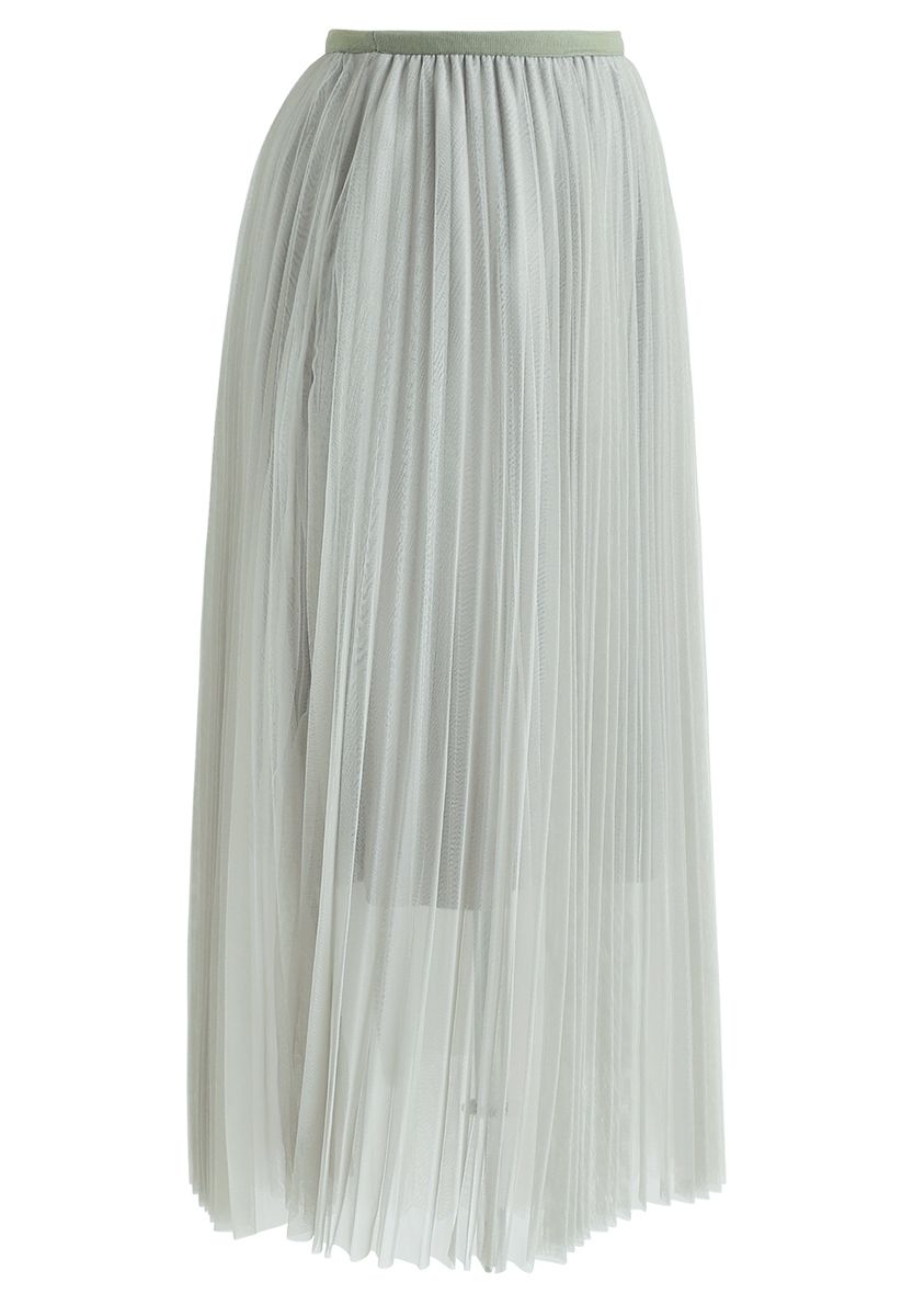 Double-Layered Mesh Tulle Pleated Skirt in Mint