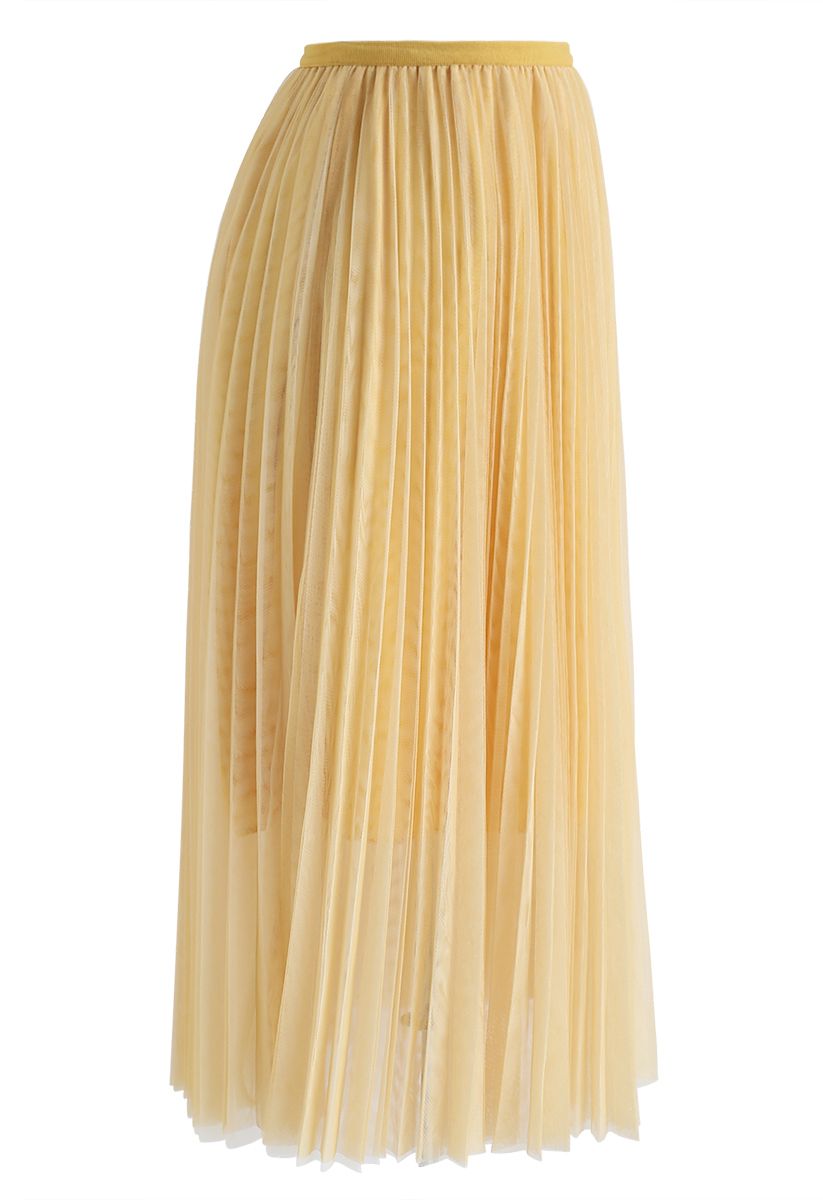 Double-Layered Mesh Tulle Pleated Skirt in Yellow - Retro, Indie and ...
