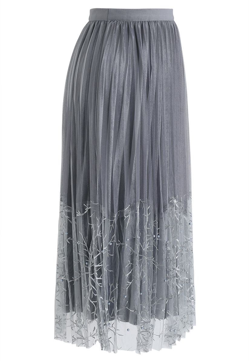 Pearls Embroidered Mesh Velvet Pleated Skirt in Grey - Retro, Indie and ...