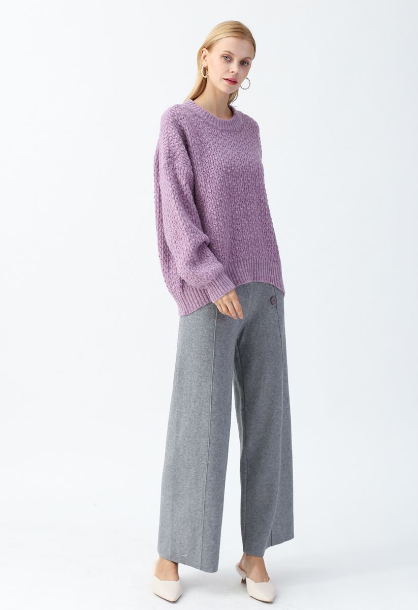 Wavy Round Neck Fuzzy Loose Knit Sweater in Violet