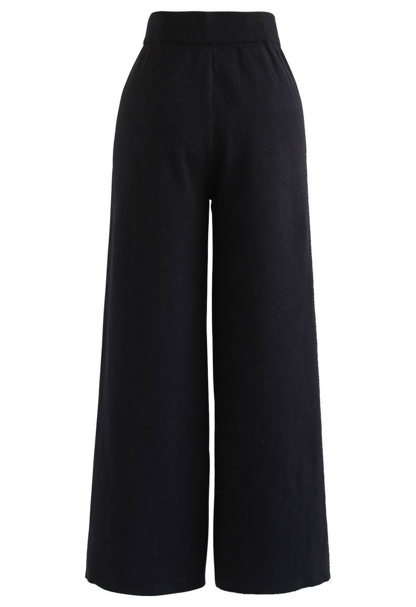 Button Decorated Wide-Leg Knit Pants in Black - Retro, Indie and Unique ...