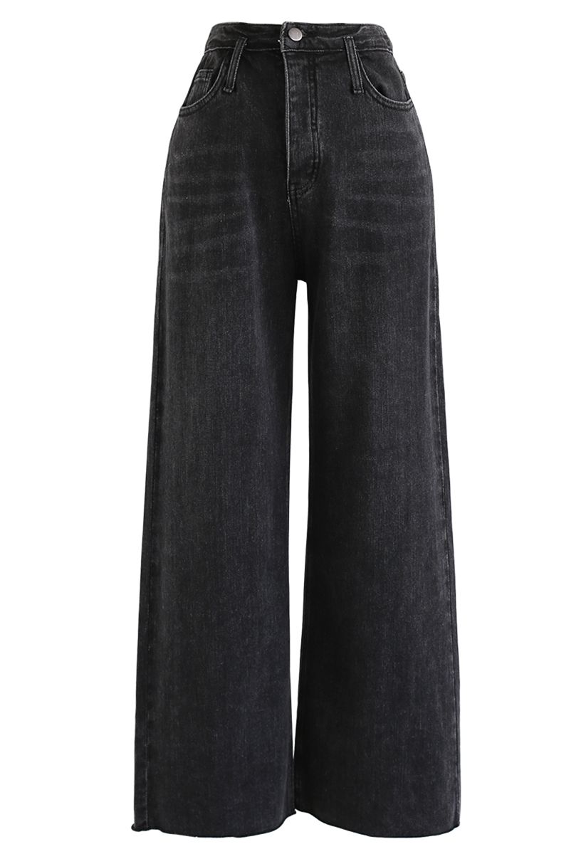 Pockets High-Waisted Wide-Leg Jeans in Black - Retro, Indie and